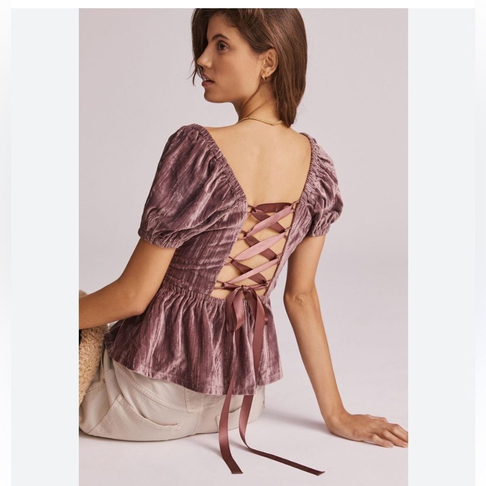 Anthropologie Peplum Lace-Up Velvet Blouse Porridge Small